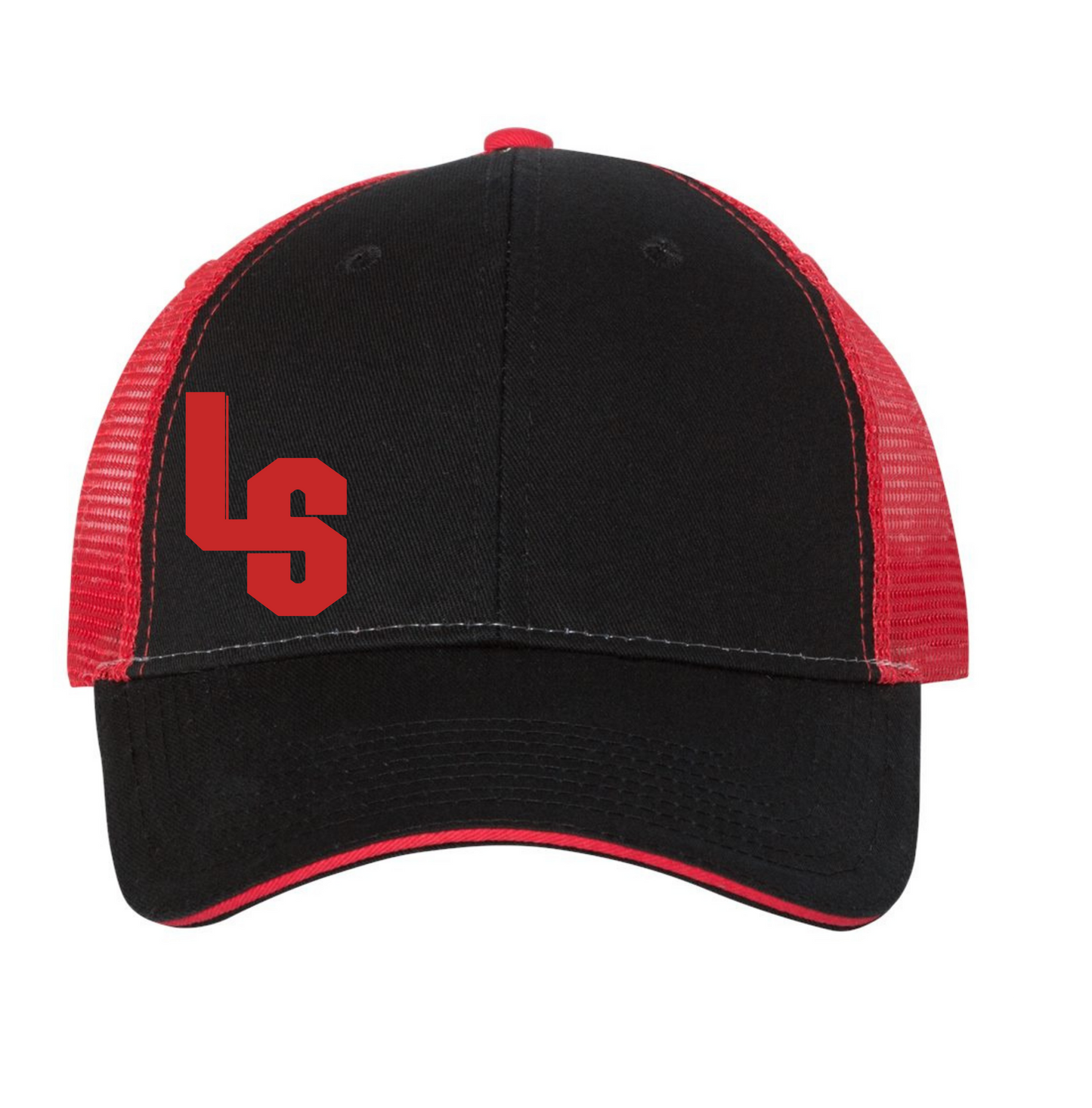ADJUSTABLE MESH BLACK AND RED TRUCKER HAT