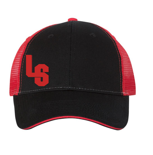 ADJUSTABLE MESH BLACK AND RED TRUCKER HAT