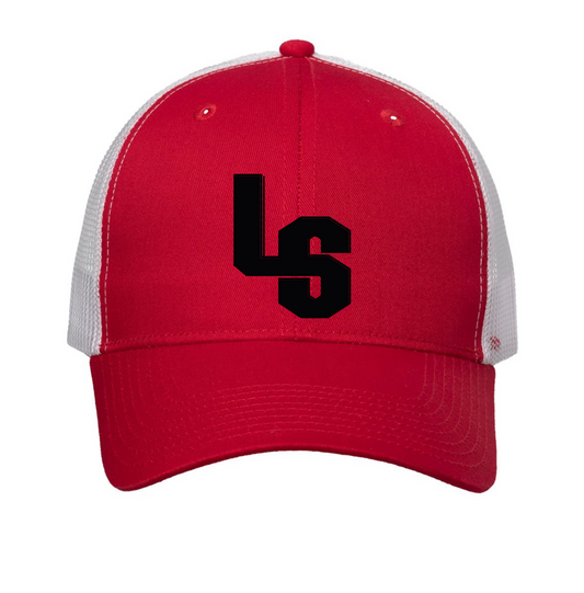 ADJUSTABLE MESH WHITE AND RED TRUCKER HAT