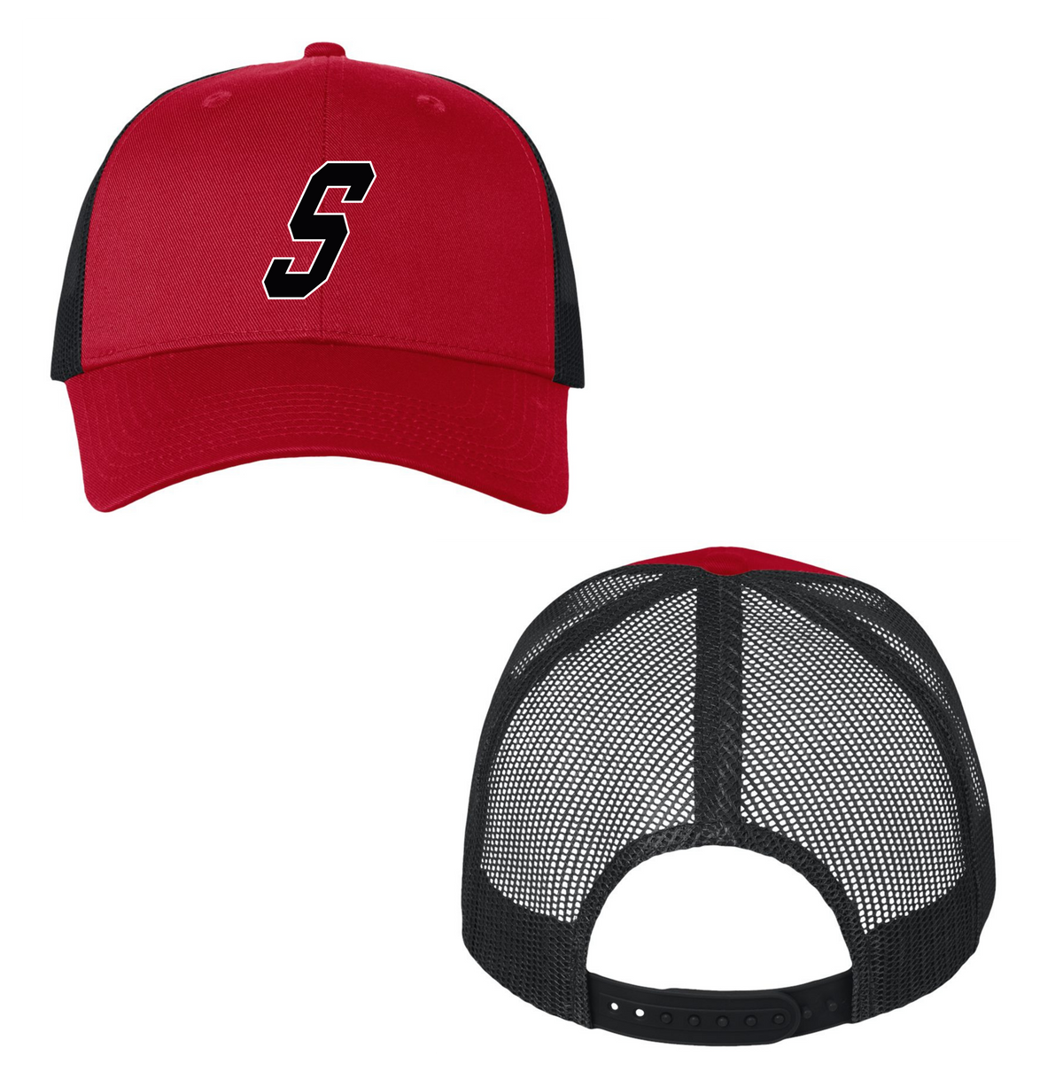 ADJUSTABLE MESH BLACK AND RED TRUCKER HAT