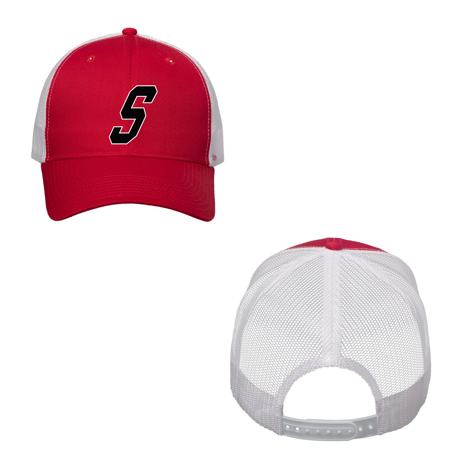 ADJUSTABLE MESH WHITE AND RED TRUCKER HAT